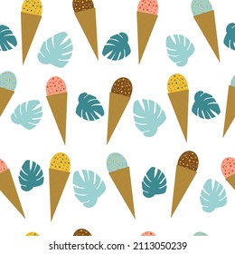 Vector seamless pattern with multicolor ice cream on white background. Frozen dessert background. Design for summer fashion textile print, wrapping paper, web backgrounds, cafe.