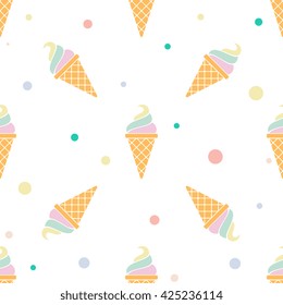 Vector seamless pattern with multicolor ice cream on white background. Frozen dessert background. Design for summer fashion textile print, wrapping paper, web backgrounds, cafe.