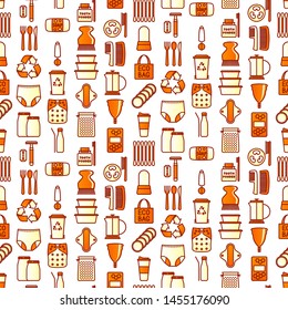 Vector seamless pattern with multicolor line icons on the theme of Zero Waste lifestyle. Wallpaper with warious reusable or recyclable items isolated on white background.