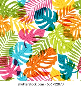 Vector seamless pattern with multicolor palm tree leaves. Summer tropical background. Trendy design for fabric and textile print.