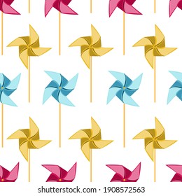 Vector seamless pattern with multicolor toy windmill. Design concept for baby shower, holidays, birthdays, greeting cards, festival, decoration, gift card