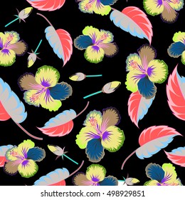 Vector seamless pattern of multicolor tropical flowers (hibiscus) with watercolor effect on black background.