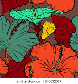 Vector seamless pattern of multicolor tropical flowers (hibiscus) with watercolor effect on brown background.