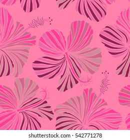 Vector seamless pattern of multicolor tropical flowers (hibiscus) with watercolor effect on pink background.