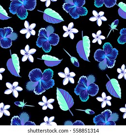 Vector seamless pattern of multicolor tropical flowers (hibiscus) with watercolor effect on black background.