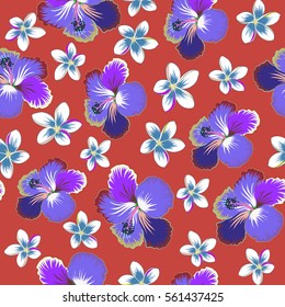 Vector seamless pattern of multicolor tropical flowers (hibiscus) with watercolor effect on pink background.