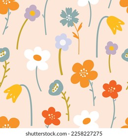 Vector seamless pattern with multi-colored abstract flowers on a light background.
