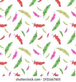 Vector seamless pattern with multicolored bright feathers on a white background. Perfect for printing on fabric, paper.
