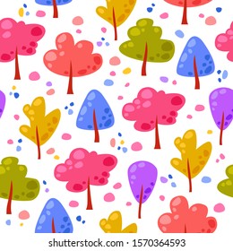 Vector seamless pattern with multicolored cartoon trees and spots. Background with bright forest elements. Cute funny trees. 