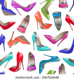 Vector seamless pattern with multicolored cartoon pumps. Patent leather high heel shoes isolated on white background.