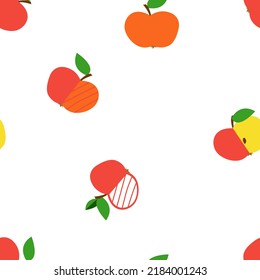 Vector seamless pattern of multicolored cartoon apples on a white background.