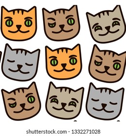 Vector seamless pattern with multicolored cat. Hand drawn illustration of kitten