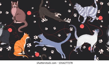 Vector seamless pattern with multi-colored cats and a ball of red yarn on a dark background. For print, wallpaper, banners or textiles.
