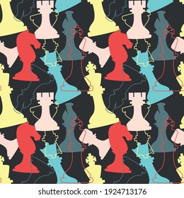 Vector seamless pattern with multicolored chess pieces on black background.