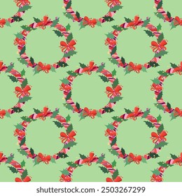 Vector seamless pattern with Multicolored Christmas round wreaths with bows, green leaves and holly berries on a green background.