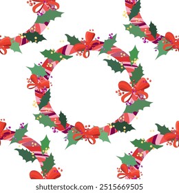 Vector seamless pattern with Multicolored Christmas round wreaths with bows, green leaves and holly berries on a white background.