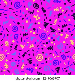 Vector seamless pattern, multi-colored dashes, dots, spirals