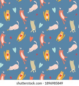 vector seamless pattern with multicolored domestic cats and hearts on a blue background
