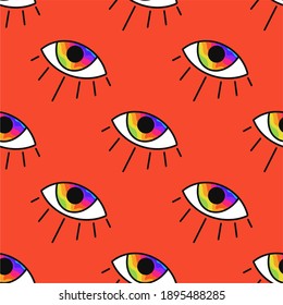 Vector seamless pattern. Multi-colored eyes on a red background.