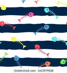 Vector seamless pattern of multicolored fish skeletons on a striped background. Flat style for postcards, invitations, prints, wrapping paper, backgrounds. All elements are editable.