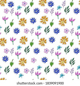 Vector seamless pattern with multi-colored flowers on a white background. Use in fabric, wrapping paper, wallpaper, bags, clothes, dishes, cases on smartphones and tablets.