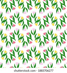 Vector seamless pattern with multi-colored flowers and green leaves on a white background. Use in fabric, wrapping paper, wallpaper, bags, clothes, dishes, cases on smartphones and tablets.