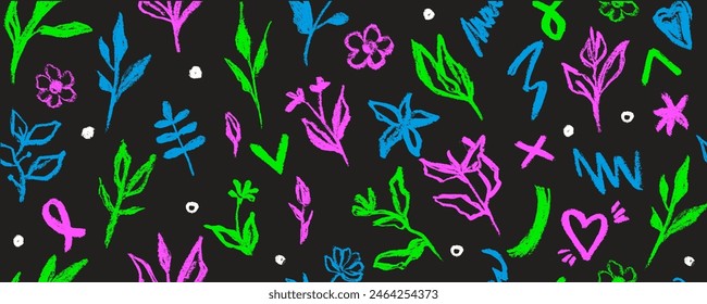 Vector seamless pattern with multicolored flowers and branch . Hand drawn silhouettes of spring flowers. Dry brush style floral motives. Colorful paint illustration with branches and leaves. 