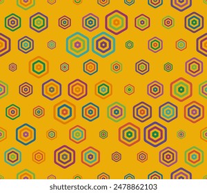 Vector seamless pattern. Multicolored geometric elements of varied size. Bold rounded stacked hexagon cells. Honeycomb cells. Tileable pattern. Seamless vector illustration.