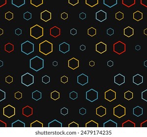 Vector seamless pattern. Multicolored geometric elements of varied size. Hexagon stacked mosaic background. Hexagonal cells. Tileable pattern. Seamless vector illustration.