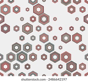 Vector seamless pattern. Multicolored geometric elements of varied size. Stacked hexagon bold mosaic cell. Hexagonal cells. Tileable pattern. Seamless vector illustration.