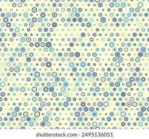 Vector seamless pattern. Multicolored geometric elements of varied size. Bold rounded stacked hexagon cells. Hexagon shapes. Tileable pattern. Seamless vector illustration.