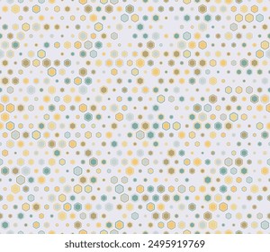 Vector seamless pattern. Multicolored geometric elements of varied size. Bold rounded hexagons mosaic cells with padding and inner solid cells. Hexagon shapes. Tileable pattern.