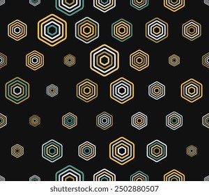 Vector seamless pattern. Multicolored geometric elements of varied size. Bold stacked rounded hexagons mosaic cells. Large honeycomb cells. Tileable pattern. Seamless vector illustration.