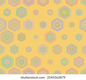 Patrón sin fisuras de Vector. Elementos geométricos multicolores de diferentes tamaños. Patrón de mosaico de hexágonos apilados redondeados. Grandes Formas hexagonales. Diseño de baldosas. Ilustración vectorial perfecta.