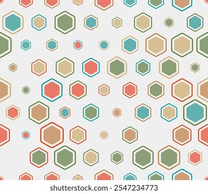 Vector seamless pattern. Multicolored geometric elements of varied size. Bold rounded hexagons mosaic pattern with inner solid cells. Hexagonal cells. Tileable design. Seamless vector illustration.