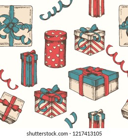 Vector seamless pattern with multicolored Hand drawn Set of gifts and packages and serpentine. Sketch. Christmas, New Year, happy Birthday. Pattern for wallpaper, web page, surface textures