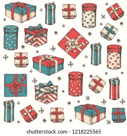 Vector seamless pattern with multicolored Hand drawn Set of gifts and packages, snowflakes. Sketch. Christmas, New Year, happy Birthday. Pattern for wallpaper, web page, surface textures