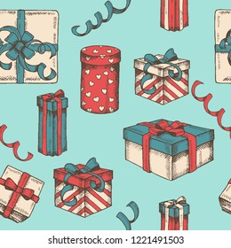 Vector seamless pattern with multicolored Hand drawn Set of gifts and packages and serpentine on blue. Sketch. Christmas, New Year, happy Birthday. Pattern for wallpaper, web page, surface textures