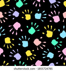 Vector seamless pattern. Multicolored handprint. Joyful hand print. Funny background. Handprint baby. Colorful backdrop. Modern track hand. Happy imprint stamp palm. Pretty design for prints wallpaper