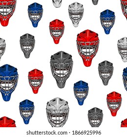 Vector seamless pattern Multicolored hockey goalie's helmets. For decoration, cover, textile