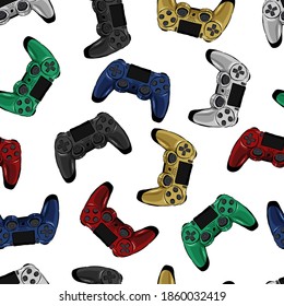 Vector Seamless Pattern Multicolored Joysticks For Game Console And Video Games. For Decoration, Cover, Textile