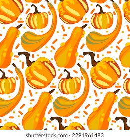 Vector seamless pattern of multicolored orange pumpkins with stripes and dots in a flat style on a white background. Perfect for autumn seasonal wrapping paper, screensavers, textiles, Halloween cards