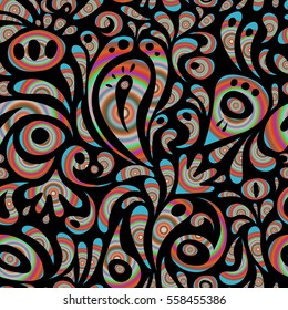 Vector seamless pattern of multicolored ornament on a black background. Oriental, doodle ornament. Templates for carpets, textiles, wallpaper and any surface.