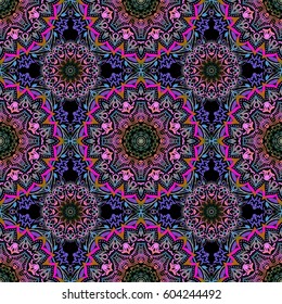 Vector seamless pattern of multicolored ornament on a black background. Oriental, ornament. Templates for carpets, textiles, wallpaper and any surface.