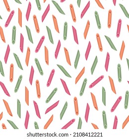 Vector seamless pattern of multicolored penne rigate pasta isolated on white background.
