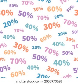 Vector seamless pattern with multicolored percent on a white background. 20, 30, 40, 50, 60, 70%.