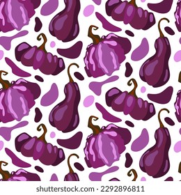 Vector seamless pattern of multicolored purple pumpkins with spots in a flat style on a white background. Perfect for autumn seasonal wrapping paper, screensavers, textiles, Halloween cards, wallpaper