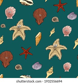 Vector seamless pattern Multicolored shells and starfishes on blue background. Design elements for textile, cover, ceramics, decoration