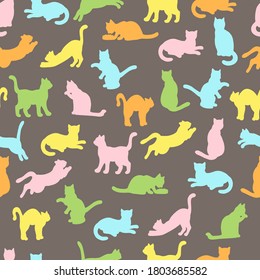 Vector seamless pattern with multi-colored silhouettes of cats on a coffee-colored background. For cover design, packaging, textile printing