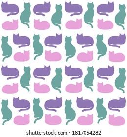Vector seamless pattern with multi-colored silhouettes of cats isolated on a white. Gentle cats background for cover design, packaging, fabric, textile printing. Trendy flat style. 